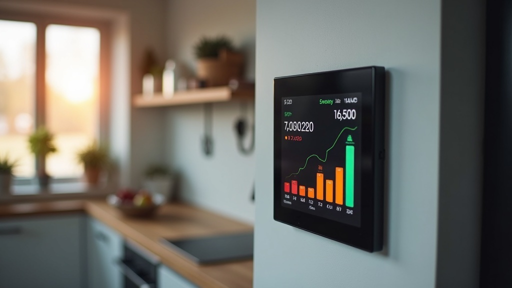 Smart home energiedisplay met uurprijzen als staafdiagram naast een slimme meter