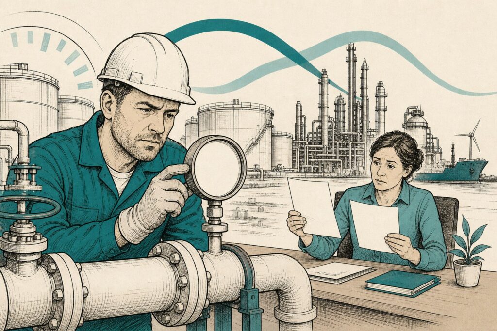 Raffinaderijmedewerker met helm leest een drukmeter af, op de achtergrond vergelijkt een vrouw aan een fabriekskantoor twee facturen