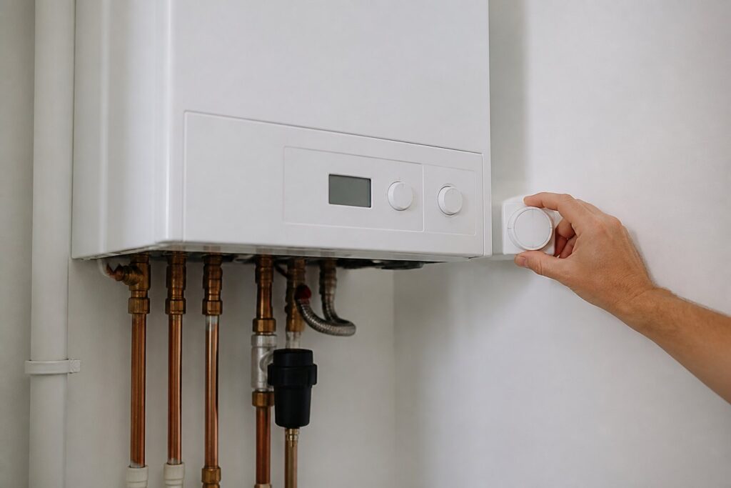 Hand die een thermostaatknop bijstelt naast een cv-ketel met koperen leidingen