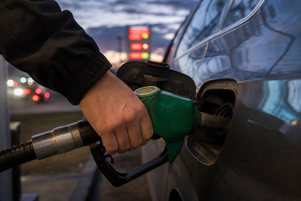 Hand met een tankpistool in de vulopening van een auto bij een tankstation in de schemering
