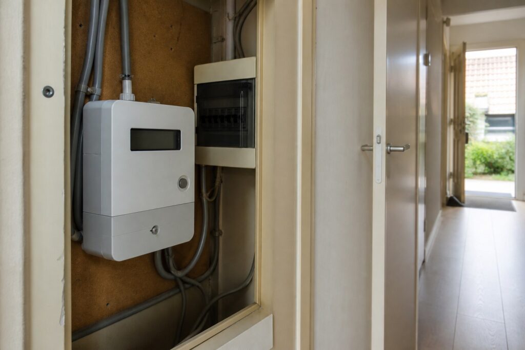 Digitale elektriciteitsmeter in een Nederlandse meterkast