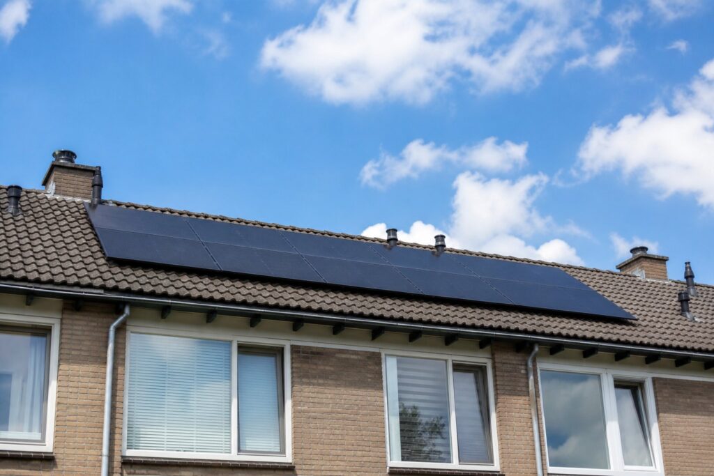 Zonnepanelen op het dak van een Nederlands rijtjeshuis tegen een deels bewolkte zomerlucht