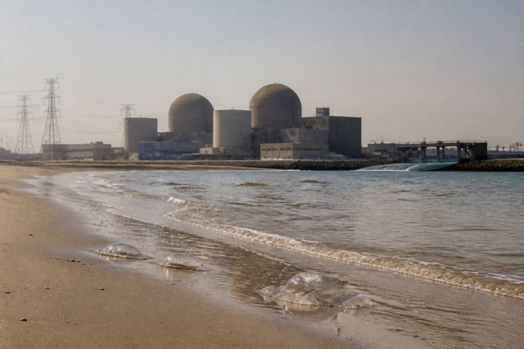 Kerncentrale aan de kust in hittenevel, op de voorgrond aangespoelde kwallen in de vloedlijn