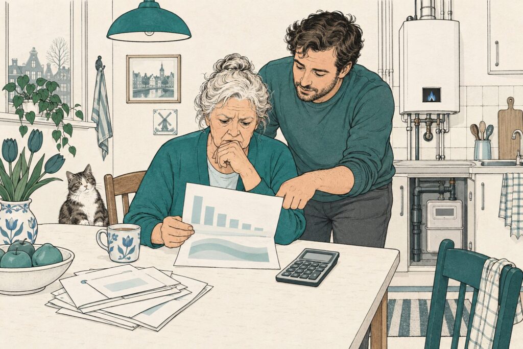 Vrouw rekent aan de keukentafel haar jaarafrekening na, haar zoon wijst mee, boven het aanrecht hangt een oude cv-ketel