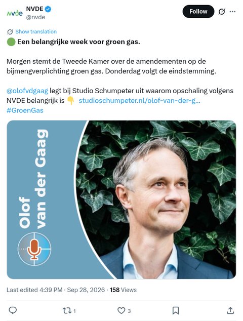 Post van NVDE op X: de Tweede Kamer stemt dinsdag over amendementen op de bijmengverplichting groen gas, donderdag volgt de eindstemming