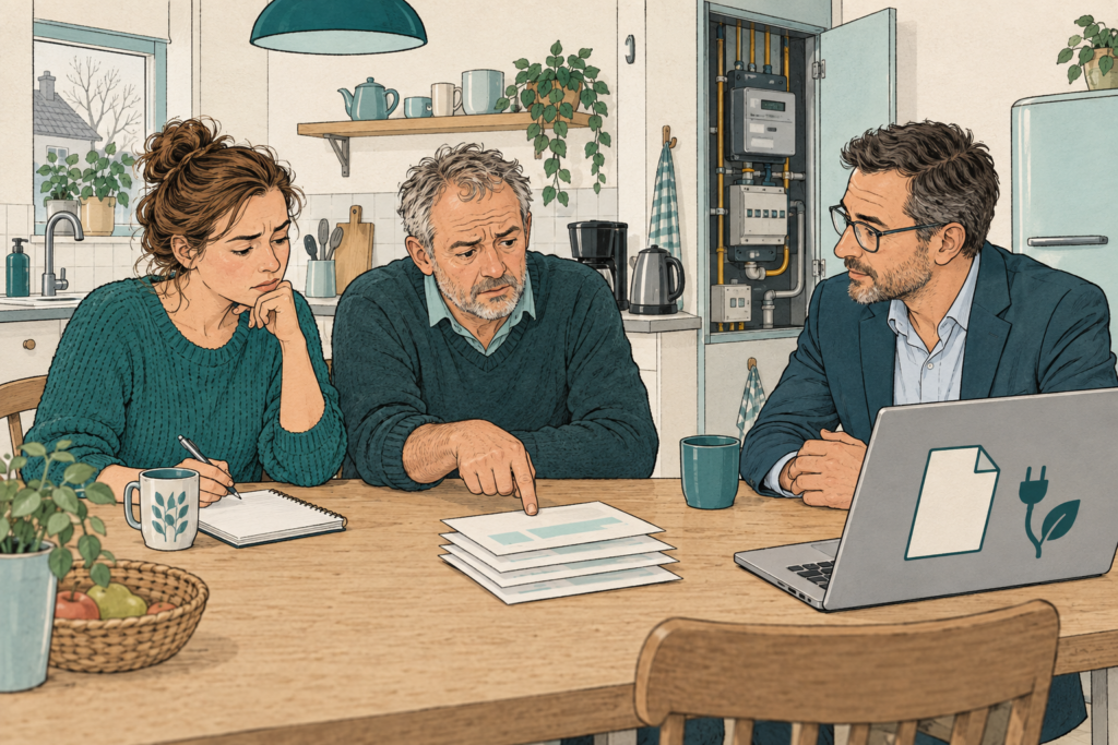 Een stel aan de keukentafel stapelt vier rekeningen op elkaar naast een laptop met hun energiecontract