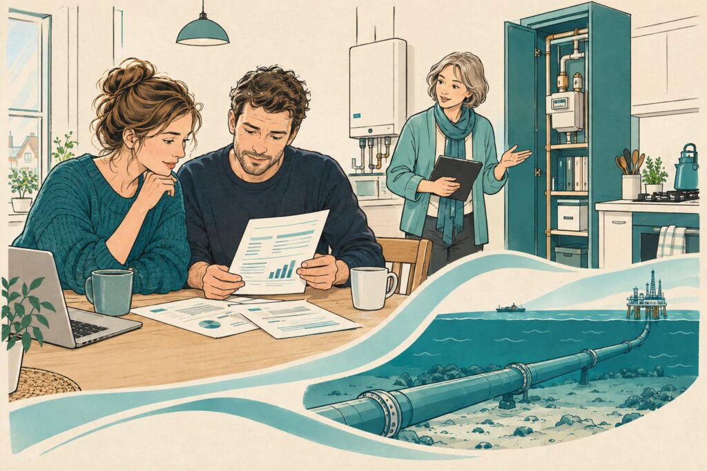 Illustratie van bewoners die een gasrekening vergelijken naast een gasmeter en Noorse pijpleiding