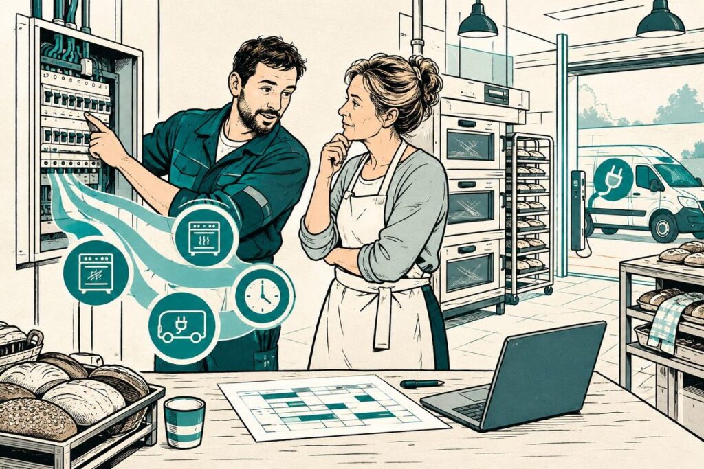 Illustratie van een ondernemer en adviseur die het elektriciteitsverbruik bekijken