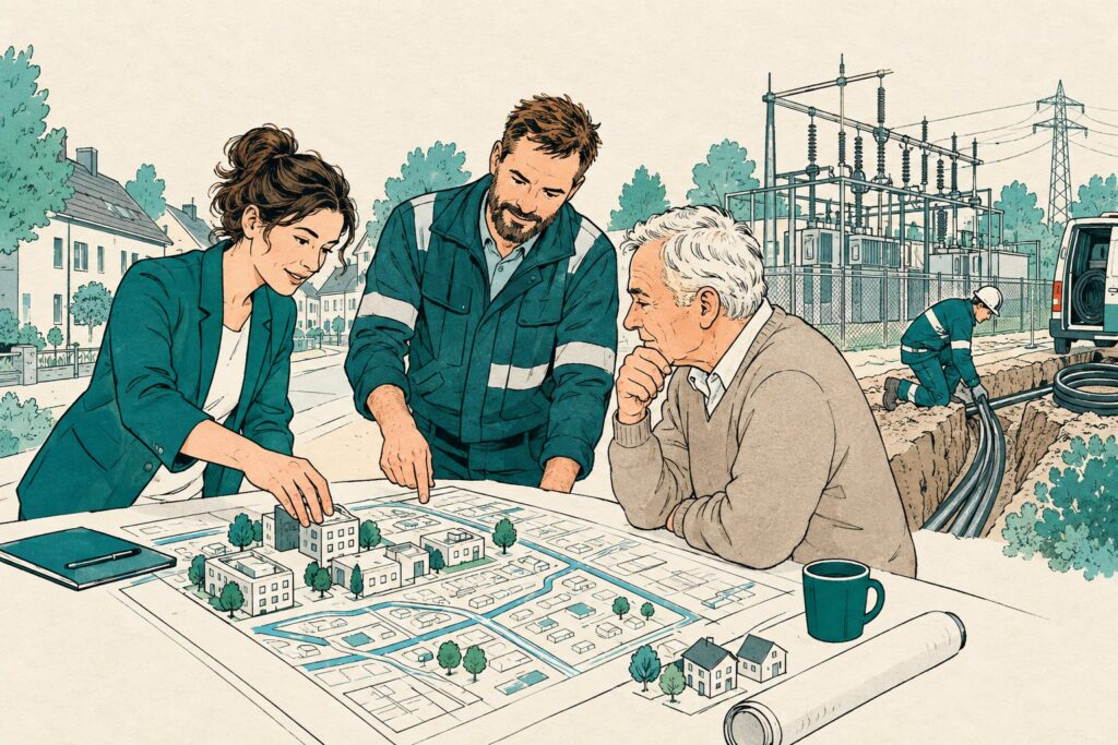 Illustratie van bewoners en vakmensen die een bouwplan met het stroomnet afstemmen