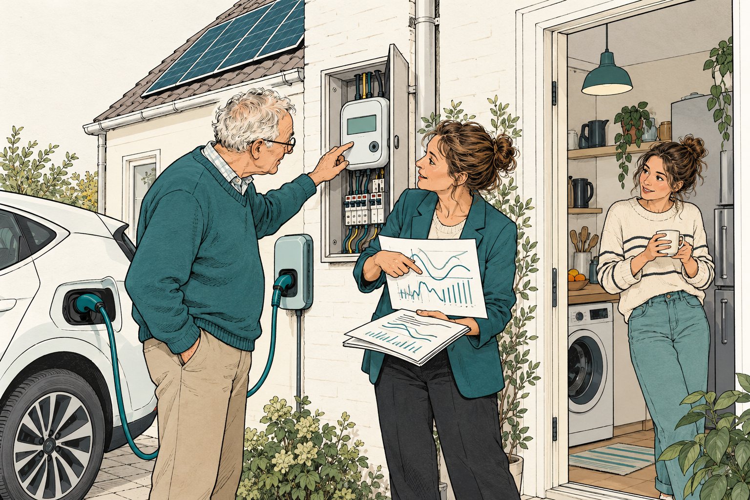 Twee bewoners controleren een thuislaadpaal en hun laadgegevens bij een elektrische auto