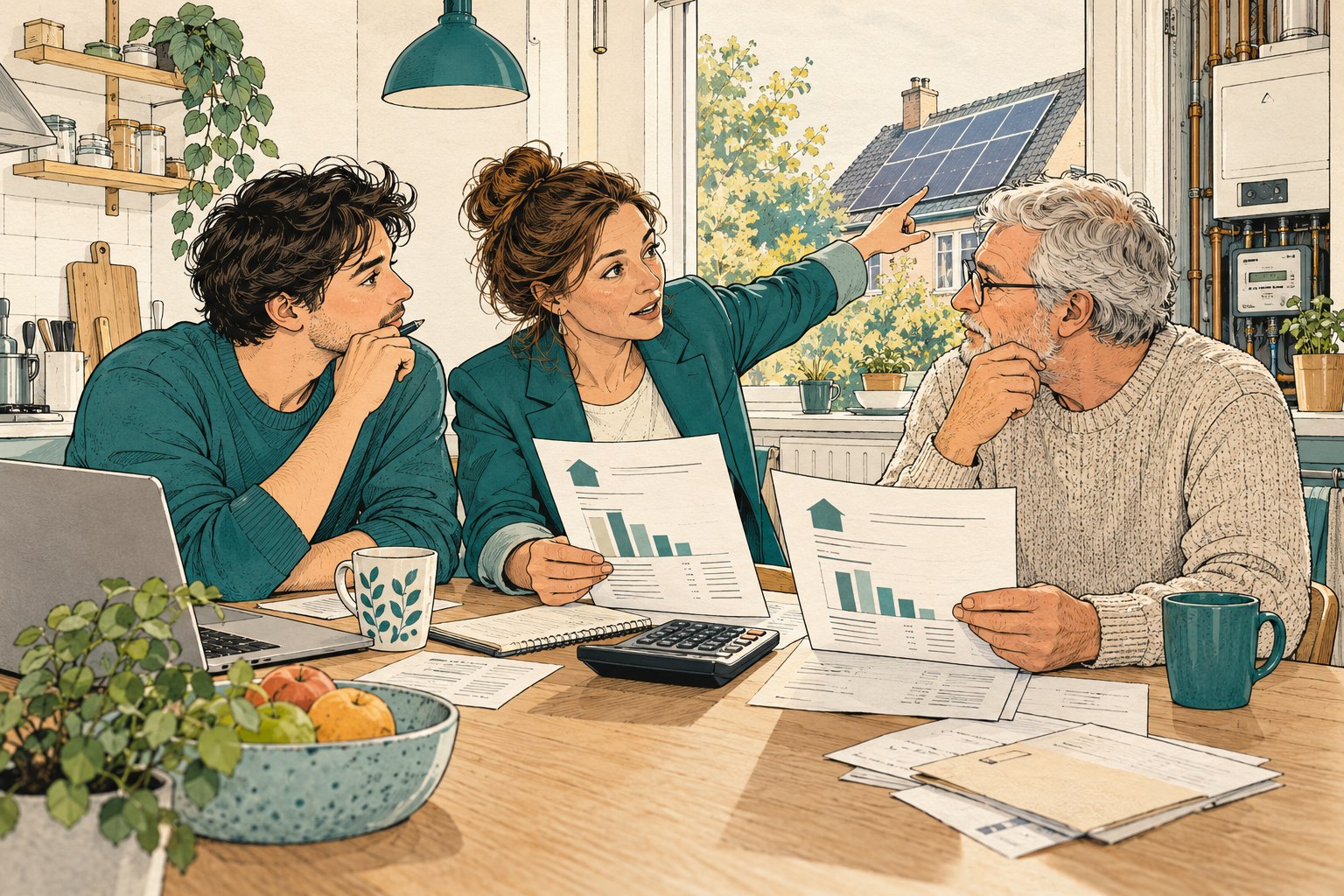 Illustratie van bewoners die energierekeningen naast elkaar narekenen