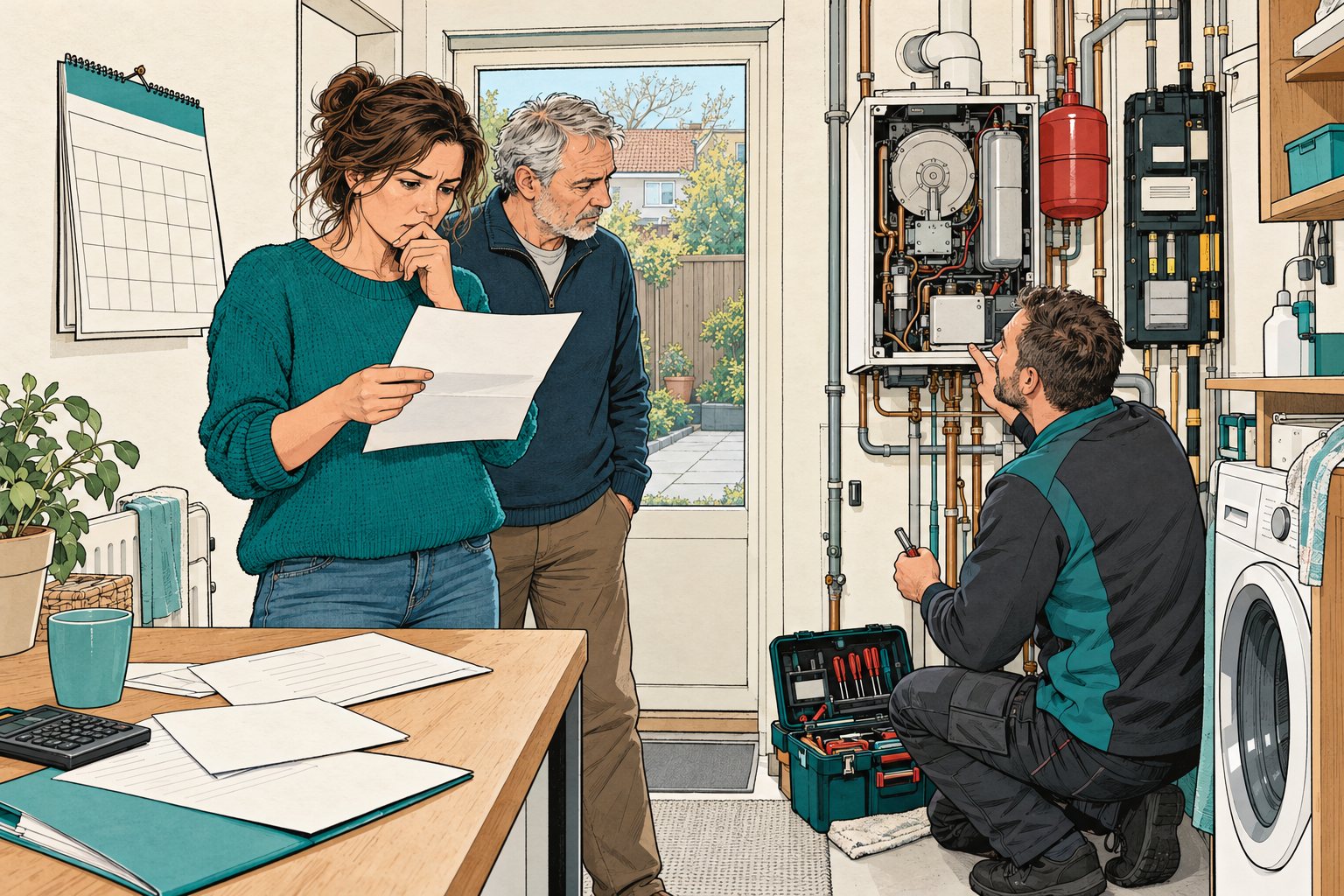 Illustratie van huiseigenaren bij een oude cv-ketel met een installateur en een brief over de warmtepompnorm