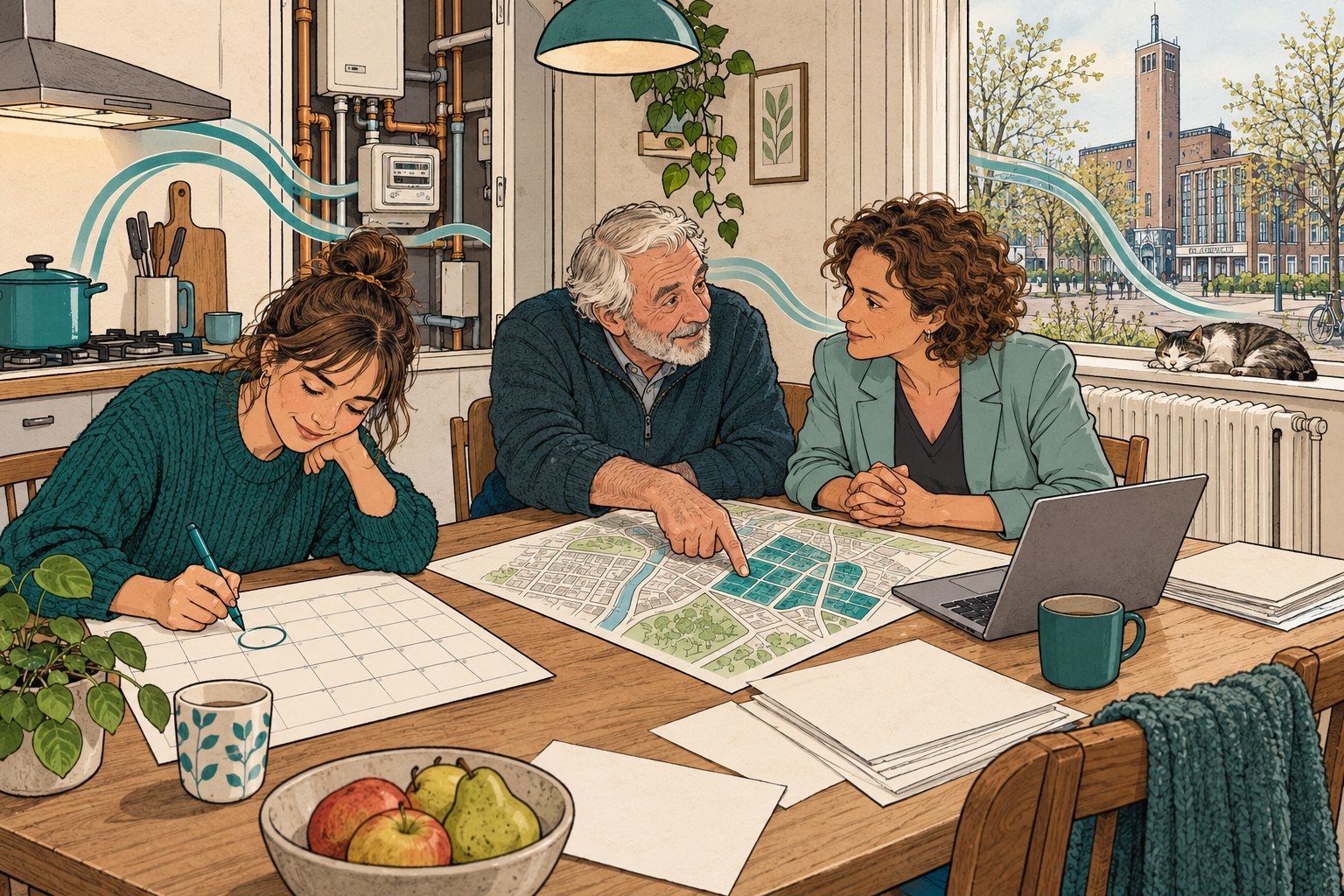 Illustratie van bewoners die de Tilburgse wijkkaart en de reactietermijn bekijken