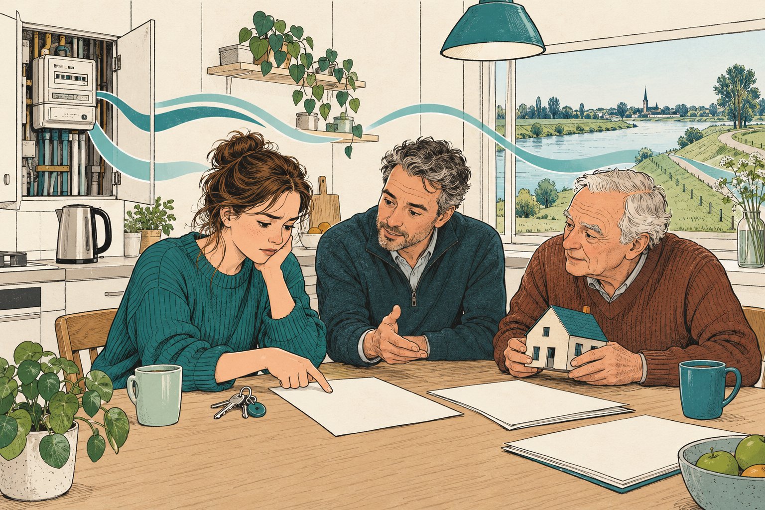 Illustratie van een huurder en huiseigenaar die hun waterschapslasten vergelijken.